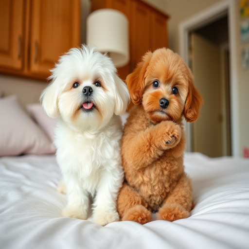 Two adorable small dogs sitting on a bed, one is fluffy white with a happy expression and the other is a cute brown poodle hugging the white dog, a lamp and wooden cabinets are in the background, bright and cozy atmosphere.