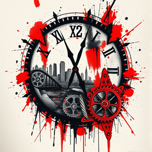 Trash polka tattoo called "Urban Decay" combining photorealistic elements with abstract brushstrokes and splatters in bold red and black ink, featuring a crumbling cityscape and clock gears