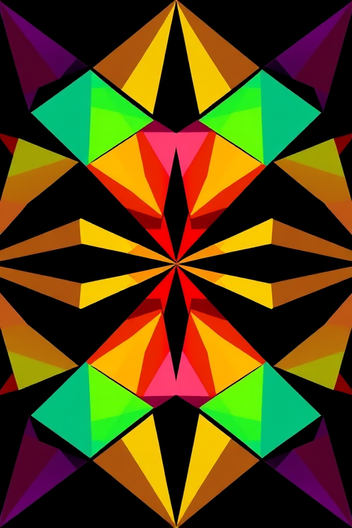 Create a high-resolution image of a colorful geometric pattern featuring vibrant triangles on a black background, using a DSLR camera with a 50mm lens, f/1.8 aperture, ISO 100, and a HDR view for enhanced detail and color vibrancy.