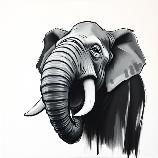 Abstract black and white acrylic portrait of an over exaggerated laughing (elephant). Minimalism style. White background.