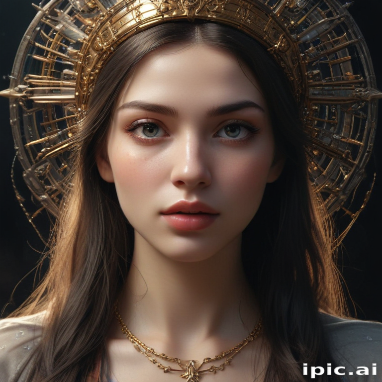Radiant Portrait of a Young Woman with a Golden Halo Headpiece