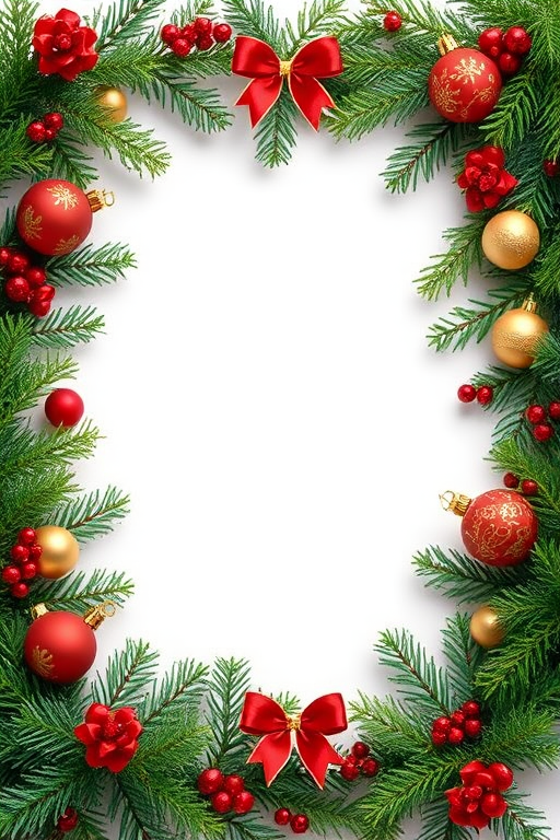 Create an image of a festive holiday frame with evergreen branches, red and gold ornaments, and delicate decorations around the edges. The center should remain empty for text, and the overall tone should be cheerful and bright, evoking a Christmas theme.