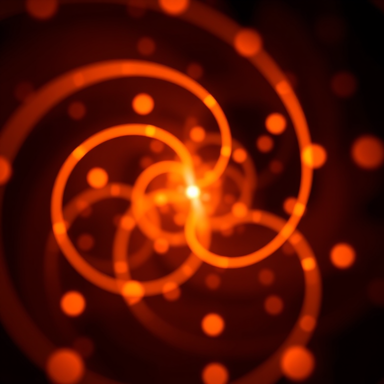 create an abstract image of glowing orange spirals and circles with a central bright beam, using a DSLR camera at f/2.8 aperture, 1/60 shutter speed, ISO 100, with a macro lens for enhanced detail and a shallow depth of field, in a dark background to highlight the vibrant colors and shapes.