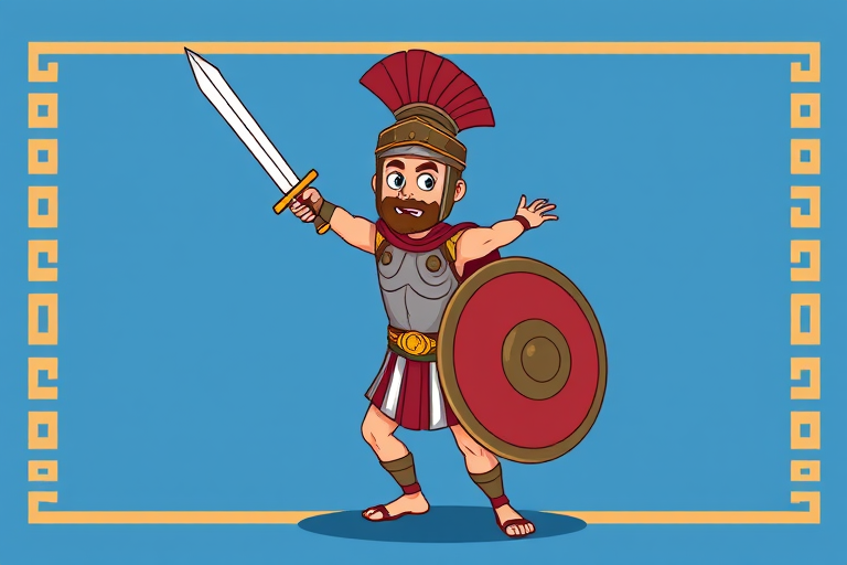 Create a high-resolution digital illustration of a cartoon-style Roman soldier in a dynamic pose, wielding a sword and shield, with a simple blue background and a Greek key border, shot with a Canon EOS R5, 50mm lens, f/2.8 aperture, ISO 100 for sharpness and vibrant colors.