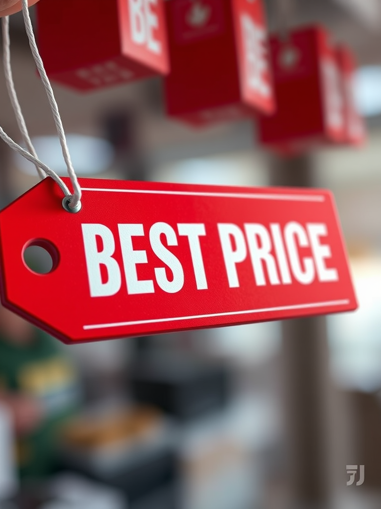 Create a high-resolution image of a red price tag with bold white text saying "BEST PRICE," using a DSLR camera with a 50mm lens, aperture set to f/2.8, focal length of 50mm, and natural lighting from the left for a three-dimensional effect.