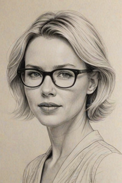 Attractive Naomi Watts, pencil sketch, portrait of Delightful woman 1951s in glasses, hair style beatnik, outline, clear lines, fine lines, 8k