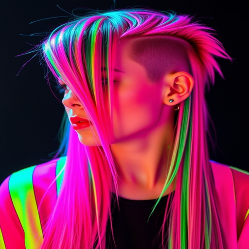 Edgy snapshot of a rocker with Neon Laser streaks, bright pink and green stripes in a long, straight cut with an asymmetrical side-shave