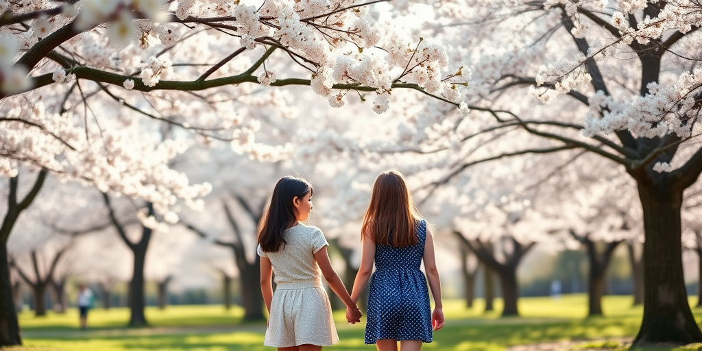 two girls holding hands under blooming cherry blossom trees in a serene park, soft pastel colors, warm sunlight, depth of field, 50mm lens, f/2.8 aperture, ISO 100, shot on a DSLR