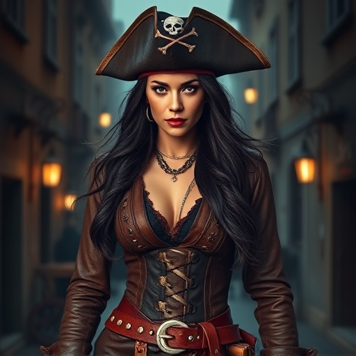 Create a portrait of a fierce female pirate. She wears a leather tricorn hat adorned with a skull and crossbones emblem, and her long, dark hair flows around her face. Her outfit consists of a richly detailed leather jacket, a corset, and multiple layers of belts and accessories, giving her a formidable and stylish appearance. She stands confidently in a dimly lit, historic port town, with a backdrop of weathered buildings and cobblestone streets, capturing the adventurous spirit of a pirate.