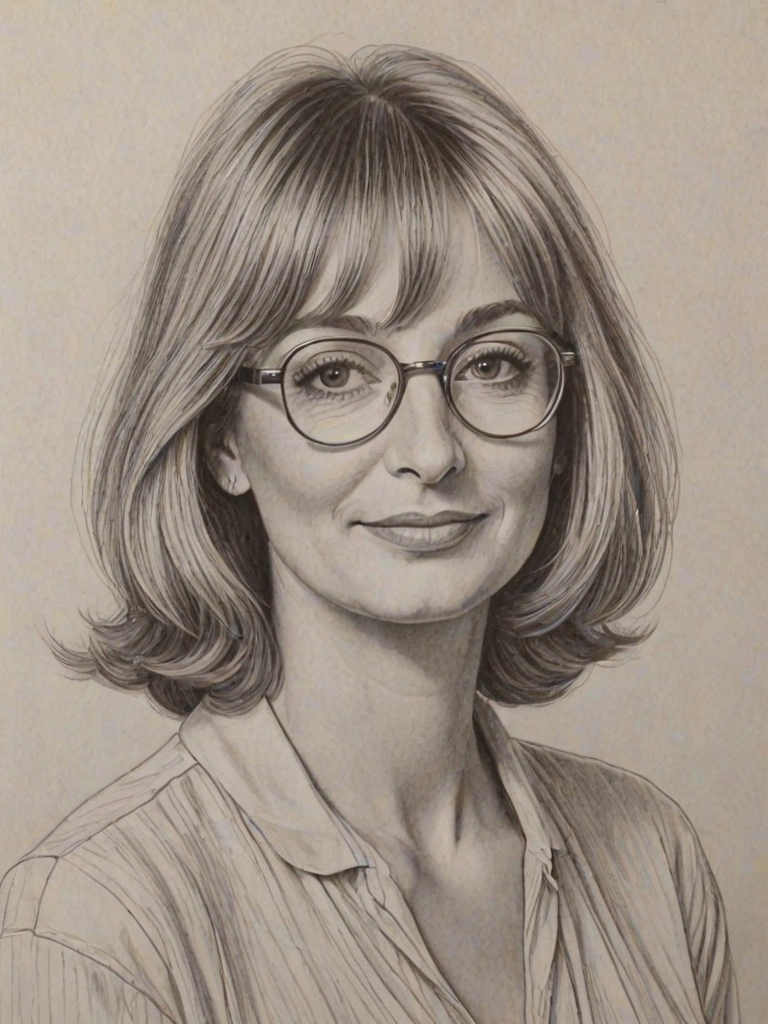 Elegant Penny Marshall, pencil sketch, portrait of Exquisite woman 1977s in glasses, hair style beatnik, outline, clear lines, fine lines, 8k