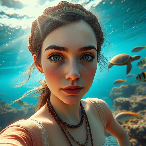 Realistic selfie image of a Romani, wearing a vintage outfit, detailed dreamy eyes, droopy hooded eyes, staring at the camera, taken underwater at coral reef with a sunbeam filtering through the water, vibrant, summer vacation, natural lighting, turtle and school of tropical fish with vibrant colors, rendered in the style of CryEngine, Pegi Nicol MacLeod, with realistic genre scenes, hauntingly beautiful narratives, ultra-realism, and Thomas Saliot's close-up technique, 8K resolution, crystal clear and sparkling water.