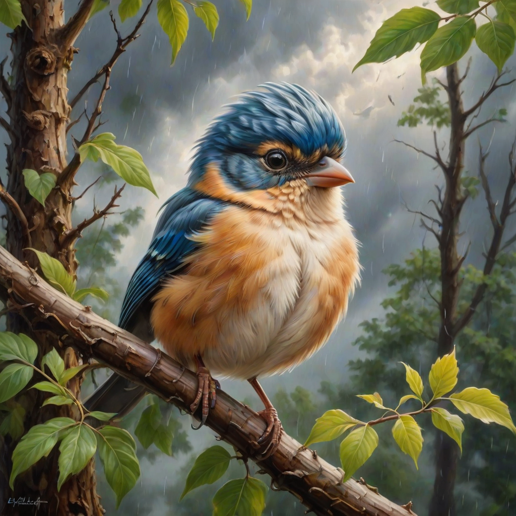 airbrushed oil painting,  a cute little bird, sitting on a branch with lush leaves, startled eyes, his feathers ruffled and blown up, leaves in the air, background bending trees in a forest, storm clouds