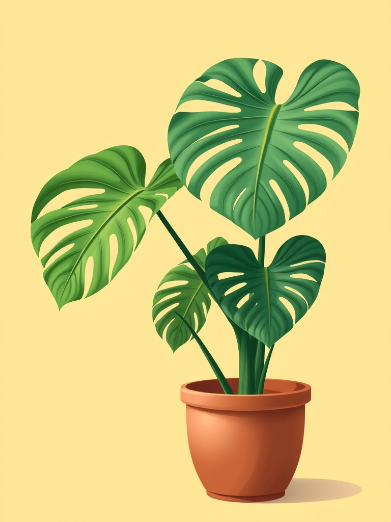 Regenerate an illustration of a Monstera plant in a terracotta pot against a solid light yellow background, using a high-resolution digital art style with a focus on vibrant colors, soft shadows, and detailed leaf textures, simulating a DSLR camera shot at f/2.8 aperture, ISO 100, and a 50mm lens for a shallow depth of field.