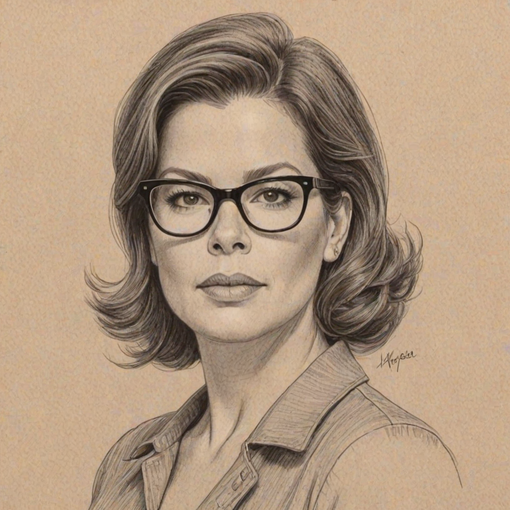 Fetching Marcia Gay Harden, pencil sketch, portrait of Enchanting woman 1959s in glasses, hair style beatnik, outline, clear lines, fine lines, 8k