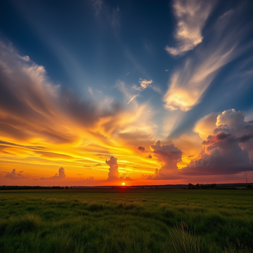 Create a high-resolution image of a serene landscape at sunset with dramatic clouds, using a DSLR camera, ISO 100, aperture f/11, shutter speed 1/60 sec, capturing a wide-angle view in landscape orientation.