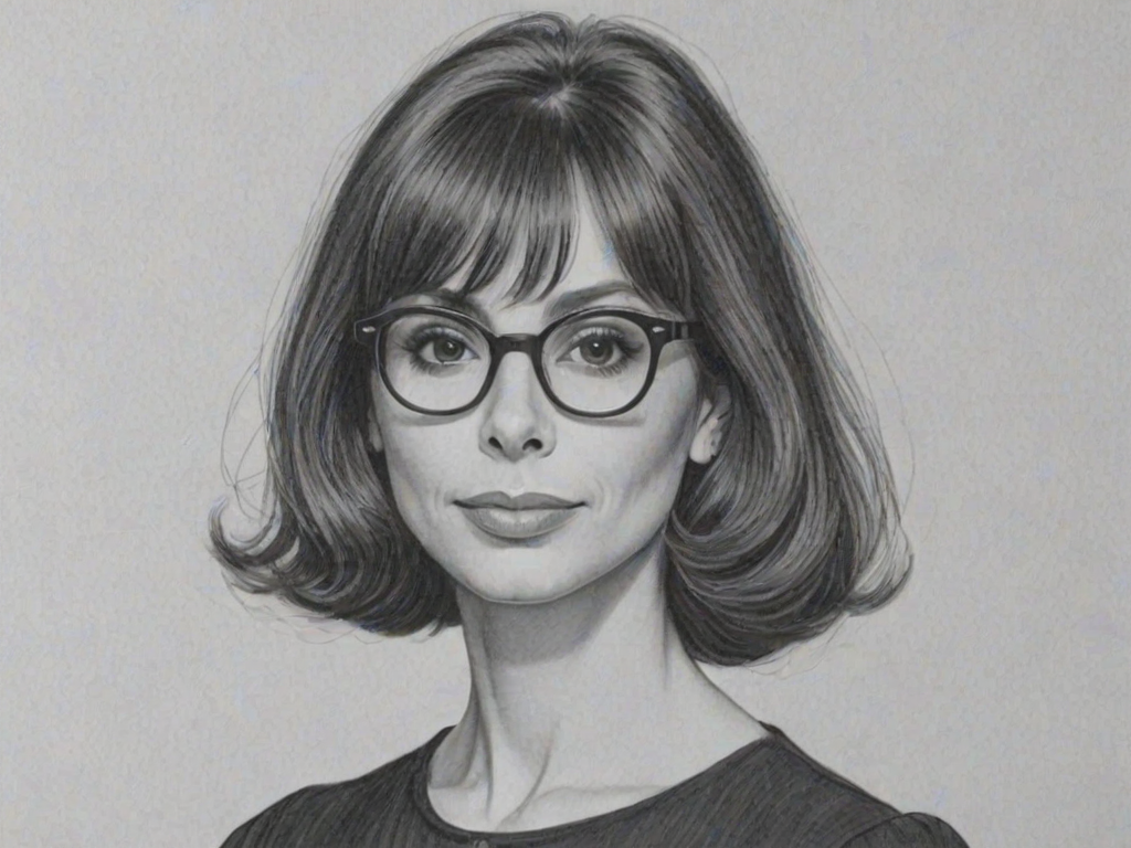Superb Talia Shire, pencil sketch, portrait of Elegant woman 1962s in glasses, hair style beatnik, outline, clear lines, fine lines, 8k