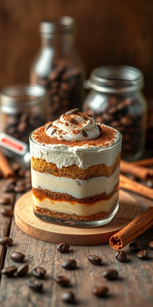 A beautifully layered tiramisu dessert on a rustic wooden table surrounded by coffee beans, cinnamon sticks, glass jars, and warm lighting, captured with a Canon EOS R5, 50mm lens, f/1.8 aperture, ISO 100, 1/125 sec, soft focus background to enhance the subject.