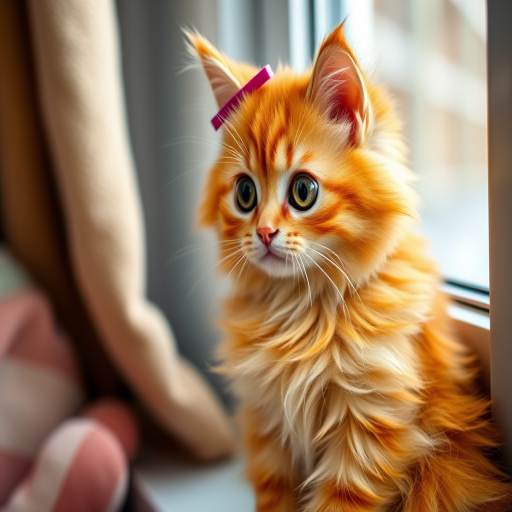 A fluffy orange cat with large round eyes sitting by a window wearing colorful hair clips on its head with a cozy background featuring soft fabrics and warm colors.