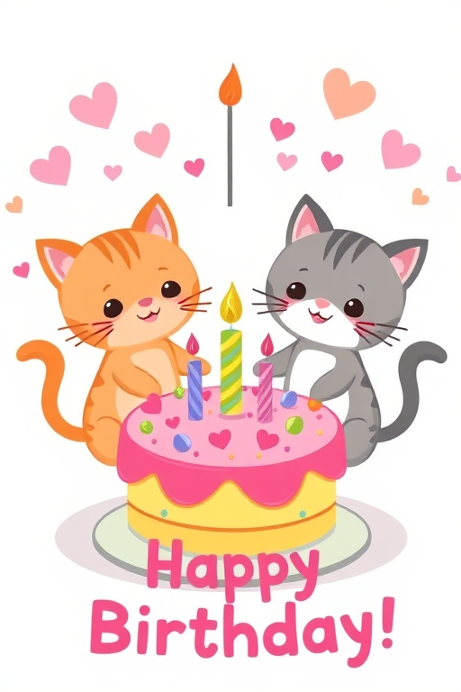 Cute cartoon cats celebrating a birthday with a colorful cake that has a candle on top surrounded by hearts and the text Happy Birthday in a playful font.