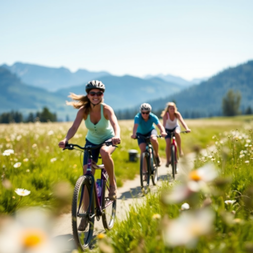 Blurry action shot of a group of friends riding bicycles through a sun-drenched meadow, soft focus on the flowers swaying in the breeze, with distant mountains silhouetted against the clear blue sky.