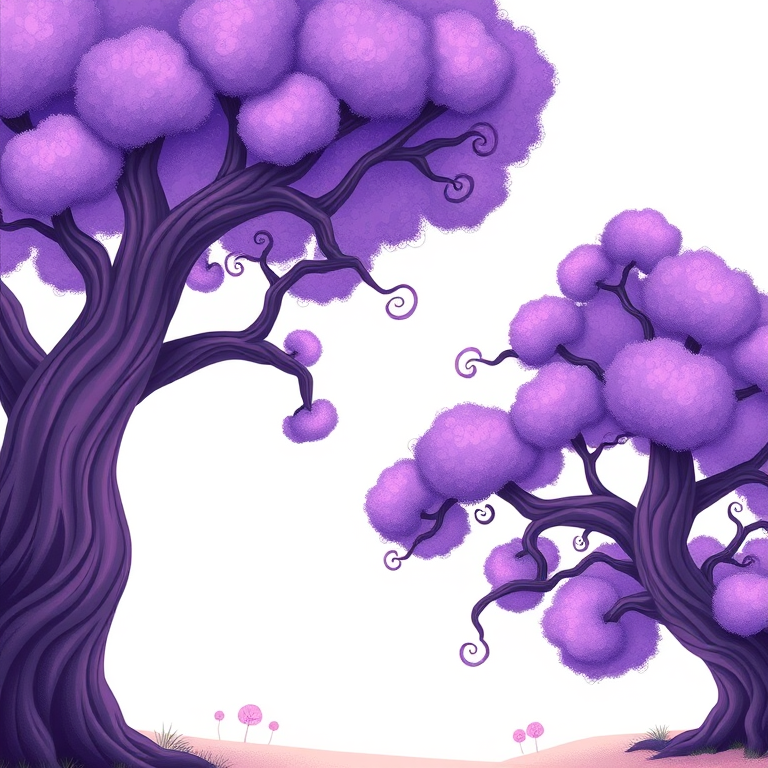 A whimsical illustration of two large, purple, fluffy trees with twisting branches on a minimalistic background, captured with a digital camera at f/4.0, 1/125 sec, ISO 100, using a wide-angle lens to enhance depth and color saturation.
