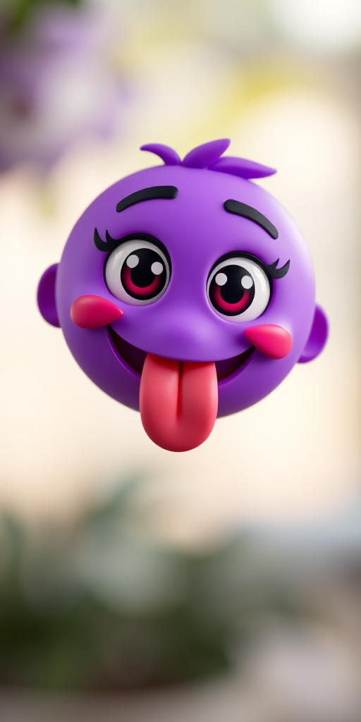 Create a vibrant cartoonish purple emoji with large expressive eyes and a playful tongue sticking out, captured with a Canon EOS R5, 50mm lens, f/2.8 aperture, ISO 100, shot in natural lighting with a soft background blur.