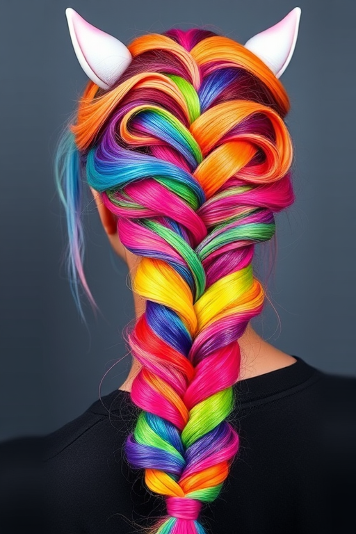 Bold rainbow unicorn braid incorporating every color of the spectrum in a mesmerizing gradient effect, dubbed "Prism Magic" celebrating diversity and self-expression