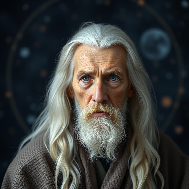 portrait of an elderly sage with long white hair and deep blue eyes, gazing thoughtfully, wearing a textured robe, intricate celestial background with stars and galaxies, soft lighting, shot with a Canon EOS R5, 85mm lens, f/1.8 aperture, ISO 100, 1/200s shutter speed, shallow depth of field, studio lighting for enhanced details