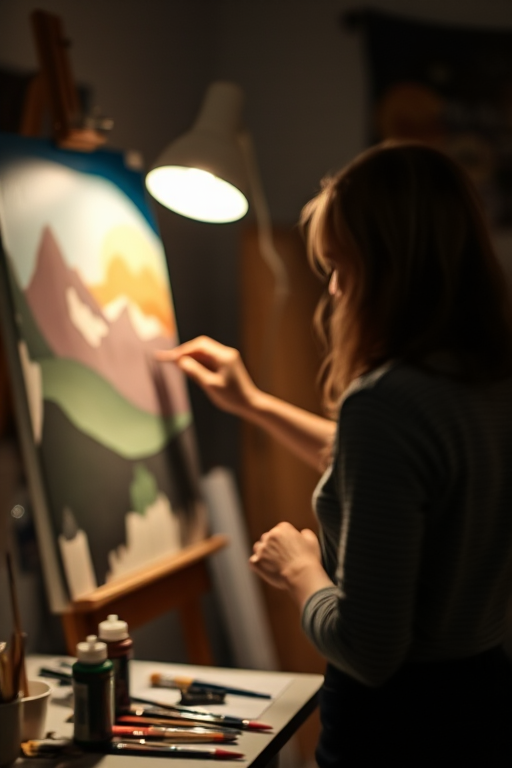 Blurry candid shot of a woman painting in her art studio at night, soft light from a desk lamp casting long shadows on the canvas, with paint tubes and brushes scattered on a nearby table.