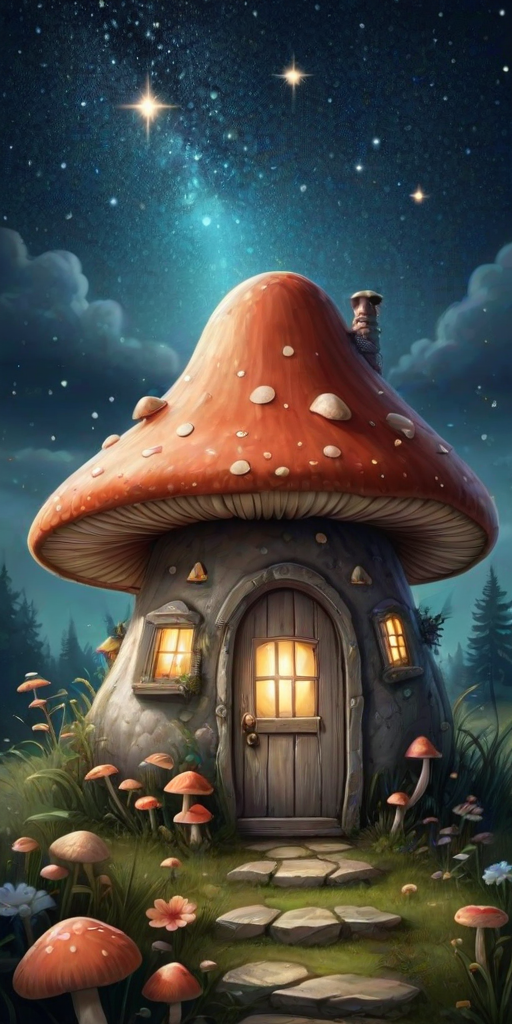 create illustration of a mushroom house with a door and a window, a storybook , fantasy art, mushroom house, bg starry sky, sparkles