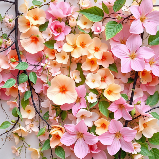 Create a vibrant floral design with soft pastel colors, featuring delicate vines, leaves, and flowers, in a high-resolution style, using a Canon EOS R5, f/2.8 aperture, 35mm lens, 1/125 sec shutter speed, and natural lighting for enhanced clarity and detail.