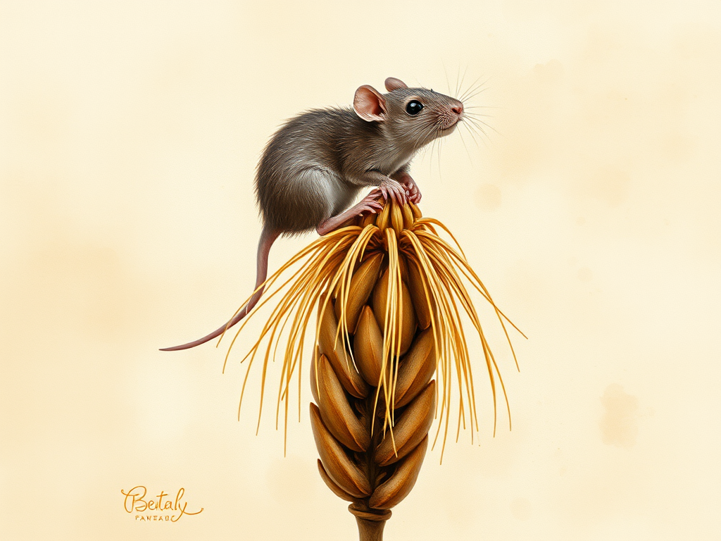 Soft, muted Alcohol Ink with ebru effect background image of tiny whimsical rat, who climbed high on the top of a golden rye ear.