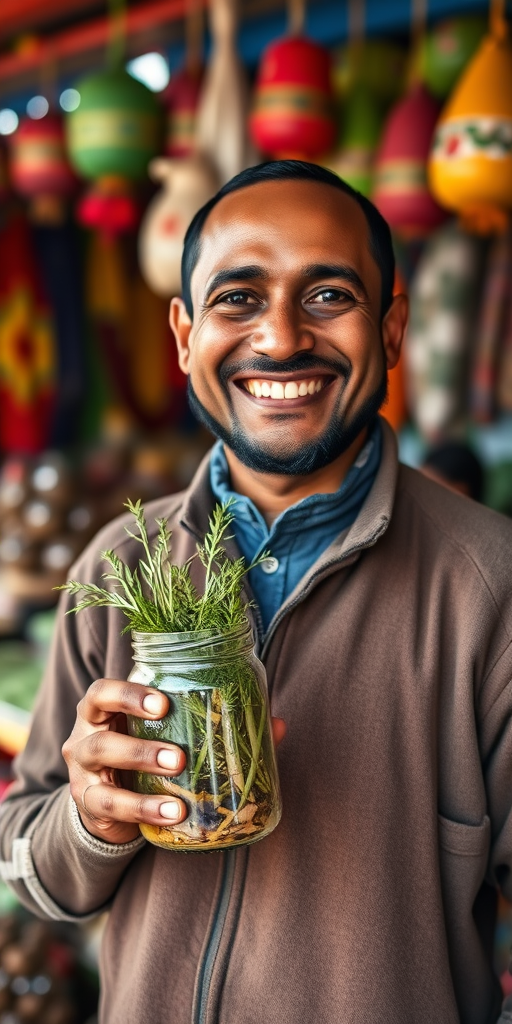Capture a vibrant portrait of a smiling male vendor holding a jar of herbs in a colorful market stall, using a Canon EOS R5, 50mm f/1.2 lens, aperture at f/2.8, ISO 200, shutter speed 1/200s, in natural light to enhance details and texture.