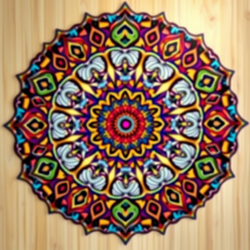 Create an intricate mandala design with vibrant colors and detailed patterns, shot from a top-down view using a full-frame DSLR camera, aperture set at f/2.8 for a shallow depth of field, ISO 100 for optimal clarity, and a shutter speed of 1/60s to capture fine details.