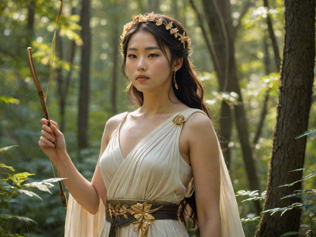 Create a portrait of a goddess-like Japanese girl figure in a tranquil, forested environment. She has an elegant appearance with long, wavy hair styled in an updo and adorned with a delicate, floral headband. She wears a flowing, ancient Greek-inspired gown in a soft, pale color, featuring a one-shoulder design and draped fabric that accentuates her graceful form. The outfit includes a decorative belt with ornate gold detailing, and she holds a bow in her hand, with a quiver of arrows slung over her shoulder. The background depicts lush greenery, with sunlight filtering through the trees, casting a gentle, ethereal light on the scene. Her expression is calm and contemplative, embodying a sense of wisdom and serenity.