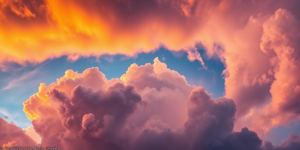 Create a swirling cloud formation in vibrant colors of orange, blue, and purple with dynamic lighting, using a Canon EOS R5 with a 24mm f/1.4 lens at ISO 100, shutter speed 1/125s, aperture f/8, in a dramatic low-angle view to enhance depth and detail.