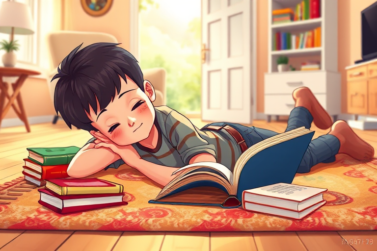 Create an illustration of a young boy lying on a rug, engrossed in a book, surrounded by colorful books, with a cozy living room background featuring a chair and an open door, captured in a bright, vibrant style with soft lines and warm colors, utilizing a Canon EOS 5D Mark IV, 50mm lens, f/4 aperture, ISO 200, natural light for enhanced quality.