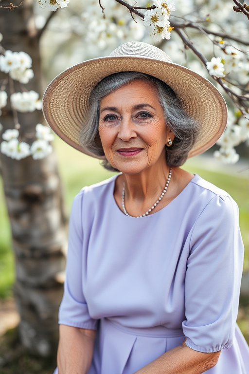 Portrait of an elegant older woman with gray hair, wearing a wide-brimmed hat and a light purple dress, seated by a tree adorned with flowers, with soft natural lighting, shallow depth of field, 85mm lens, f/2.8 aperture, ISO 100, high-resolution digital camera.
