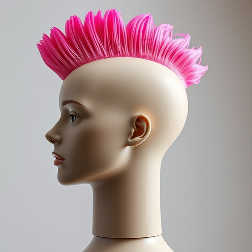Create a high-resolution vector image of a profile view of a mannequin head with a vibrant pink mohawk hairstyle, using a Canon EOS R5 camera, ISO 100, f/8 aperture, 50mm lens, and soft diffused lighting for enhanced clarity and detail.