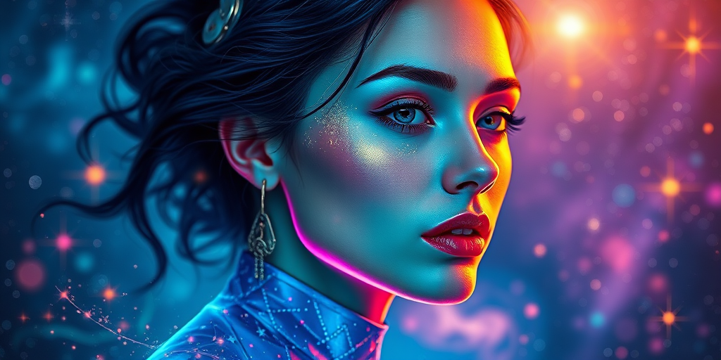Generate a vibrant image of a futuristic woman with cosmic elements, featuring a starry background with swirling galaxies, using a high-resolution camera with a 50mm lens at f/1.8, ISO 100, with a soft-focus style and a portrait view to enhance detail and depth.