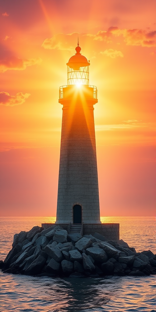 Generate an image of a tall lighthouse perched on a rocky outcrop surrounded by calm ocean waters during a breathtaking sunset. The lighthouse stands sturdy and weathered, its stone surface illuminated by the warm golden light of the setting sun. The sun's rays pass directly through the glass lantern room at the top of the lighthouse, casting a brilliant light across the scene. The sky is painted with vibrant shades of orange, pink, and purple, reflecting off the tranquil sea. The surrounding water shimmers with the same warm hues, creating a serene and majestic atmosphere.