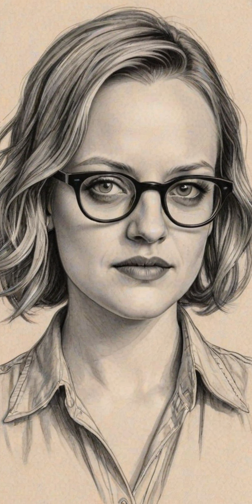 Superb Elisabeth Moss, pencil sketch, portrait of Enchanting woman 1923s in glasses, hair style beatnik, outline, clear lines, fine lines, 8k