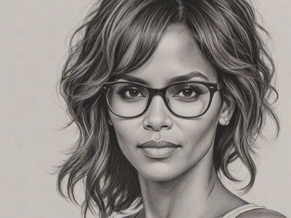 Attractive Halle Berry, pencil sketch, portrait of Alluring woman 1966s in glasses, hair style beatnik, outline, clear lines, fine lines, 8k