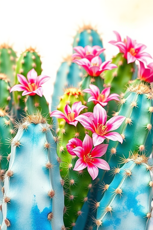 Create a vibrant and detailed watercolor illustration of cacti with pink flowers, using a macro lens for close-up detail, aperture set to f/2.8 for a shallow depth of field, shot with a DSLR camera at a 50mm focal length to enhance image quality.
