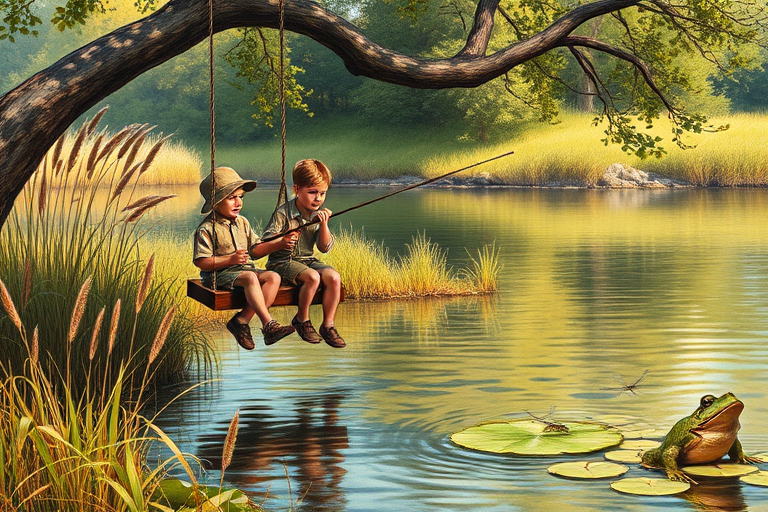 Imagine a small group of old fashioned young boys out fishing by the creek, a swing hanging from a tree branch, reeds and grasses by the water's edge, a frog sitting on a lily pad, dragonflies hovering over som water plans, a very iconic old fashioned scene reminiscent of a Norman Rockwell painting style