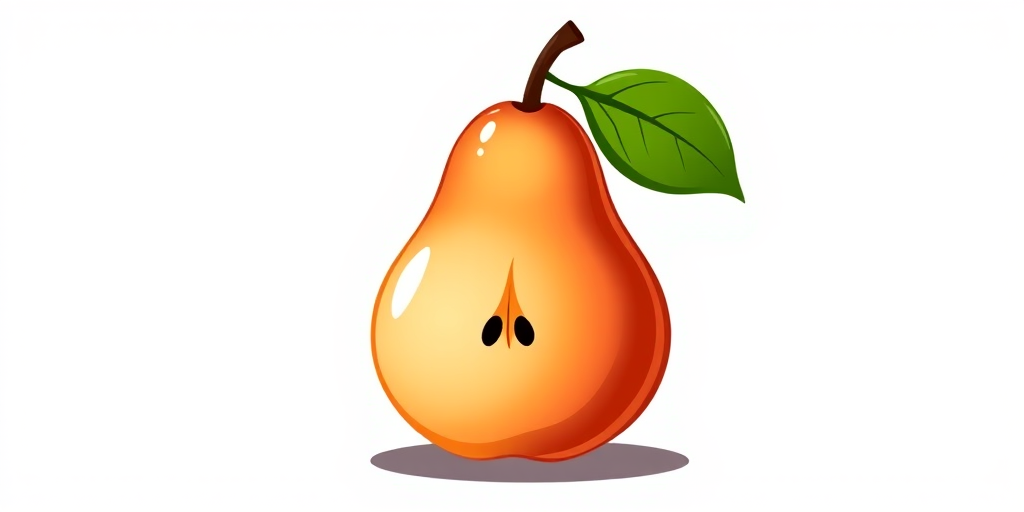 Create a high-quality illustration of a stylized pear with a glossy finish and a green leaf, using a Canon EOS 5D Mark IV, aperture f/8, ISO 100, and a 50mm lens from a frontal view, with soft lighting to enhance color vibrancy.