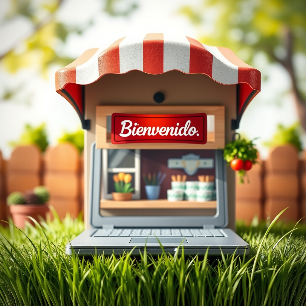 Create a vibrant illustration of a small shop with a charming awning, open window, and a "Bienvenido" sign, featuring a laptop as the shop base, with lush green grass at the bottom, shot with a DSLR camera at f/8 aperture, 50mm lens, natural lighting, and a slight vignette effect to enhance image quality.