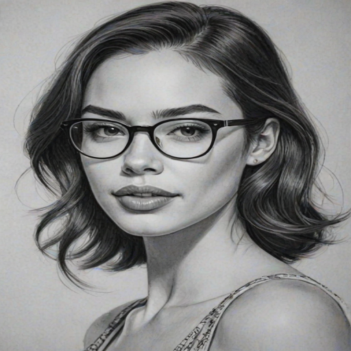 Beauteous Chloe Bridges, pencil sketch, portrait of Exquisite woman 1934s in glasses, hair style beatnik, outline, clear lines, fine lines, 8k