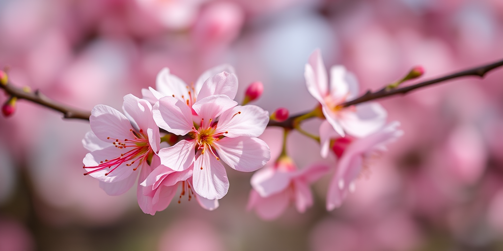 Close-up of pink cherry blossoms on a branch, soft focus background, natural lighting, ISO 100, aperture f/2.8, shutter speed 1/200s, taken with a DSLR camera, macro lens, shallow depth of field.