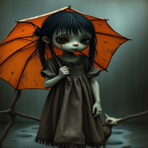 An eerie, weird little girl with dark hair in thin pigtails, wearing a smock dress, standing in the rain, holding a dirty orange umbrella, a small, odd creature beside her. In a surreal style inspired by Nicoletta Ceccoli and Brian Froud. Dark fantasy themes